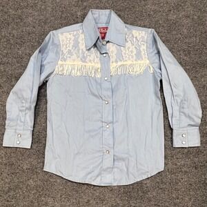 Red Ranch Western Shirt Kids Youth Small Blue Lace Fringe Pearl Snap Long Sleeve